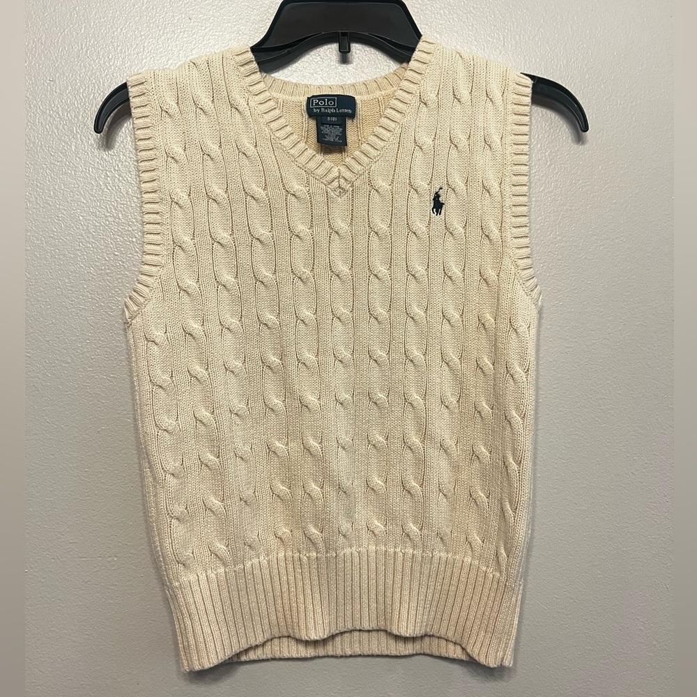 Polo by Ralph Lauren V-Neck Sweater Vest in Cream Cable Knit Kids Size Small